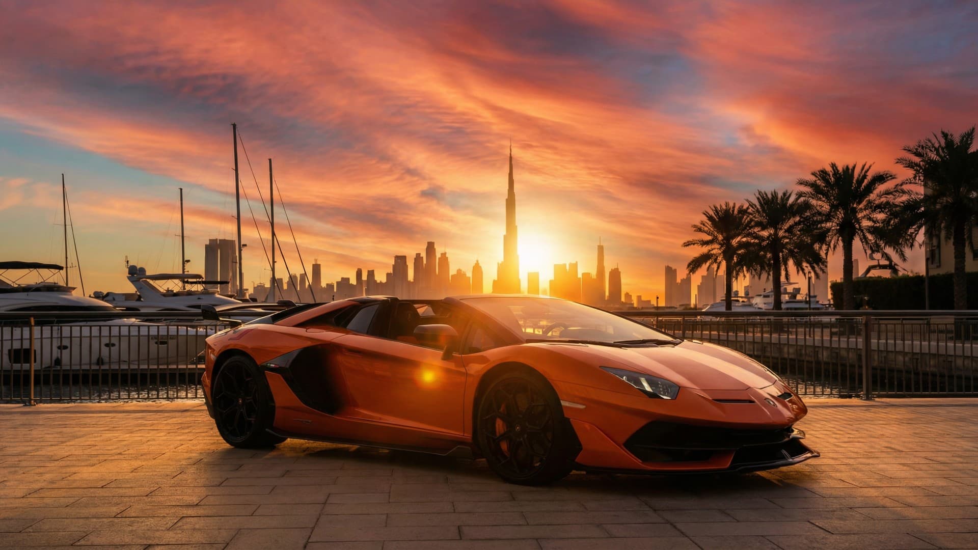 Dubai Open World Car Simulator — supercar at Dubai Marina at sunset