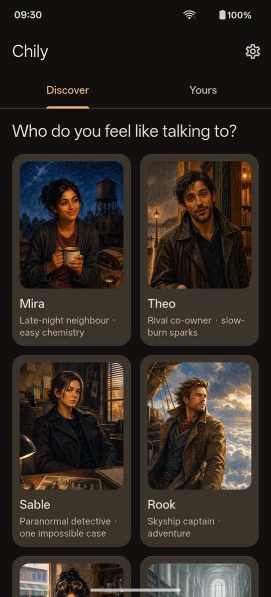 Chily Discover screen: six character portraits under the question "Who do you feel like talking to?"