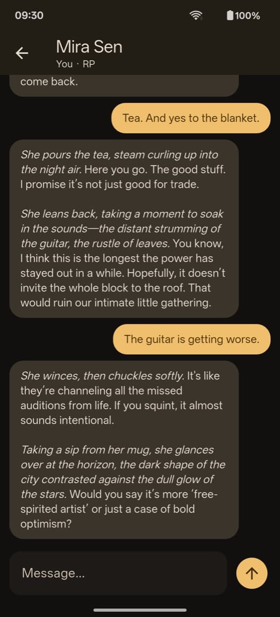 A chat with Mira during a blackout, tea on a rooftop