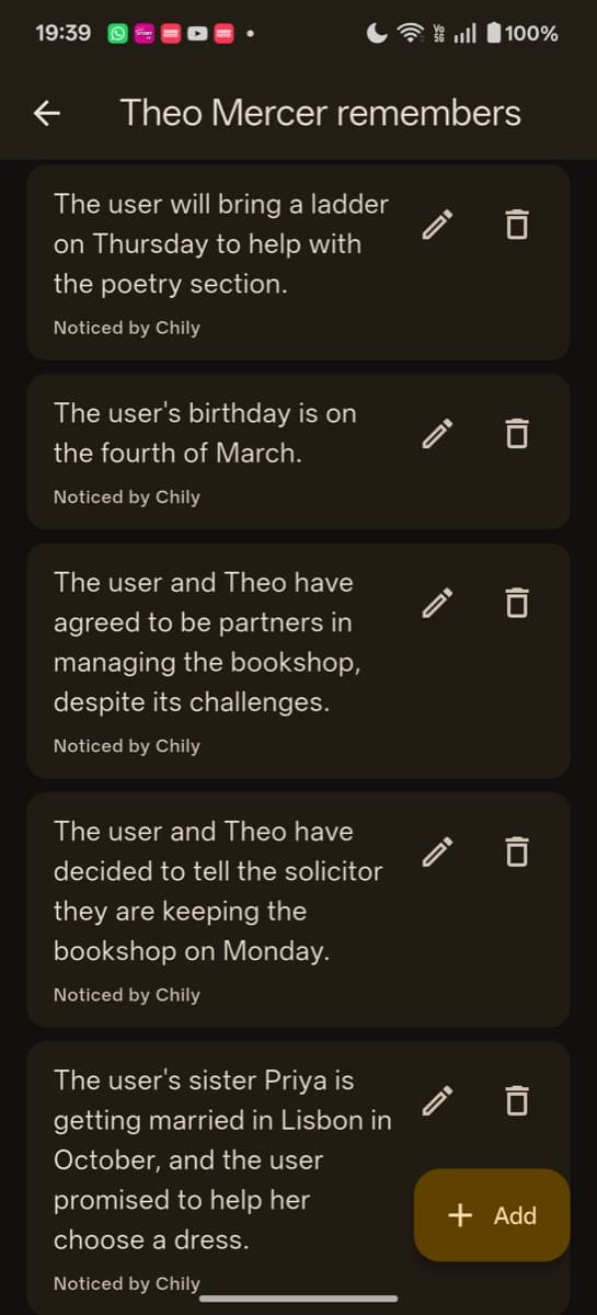 The "Theo Mercer remembers" screen: a list of plain notes such as the user bringing a ladder on Thursday, a birthday on the fourth of March, and a sister getting married in Lisbon in October, each with edit and delete controls